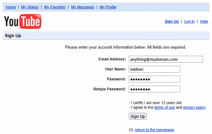 YouTube's original sign-up page.